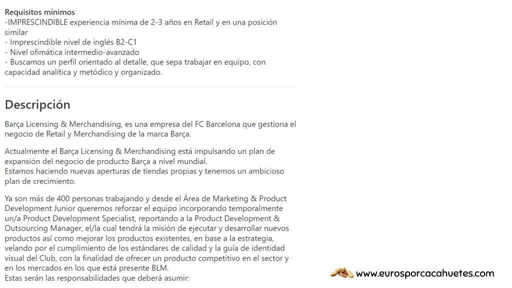 Ofertas trabajo especialista producto y merchandising Barça Infojobs - Euros por cacahuetes