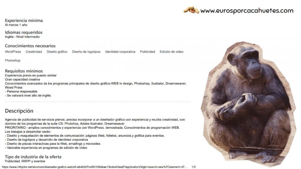 Creative Arts Comunicación oferta diseñador simio - Euros por cacahuetes