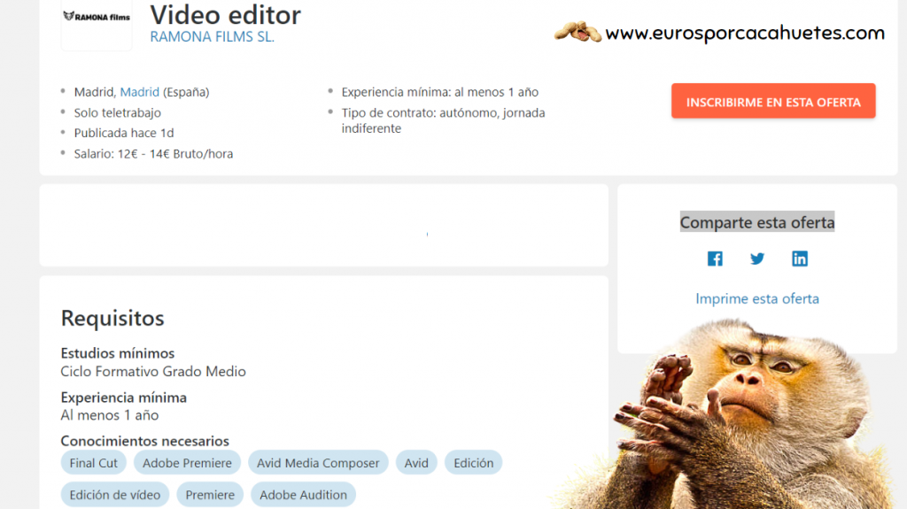 Ramona Films Madrid oferta de trabajo - Euros por cacahuetes