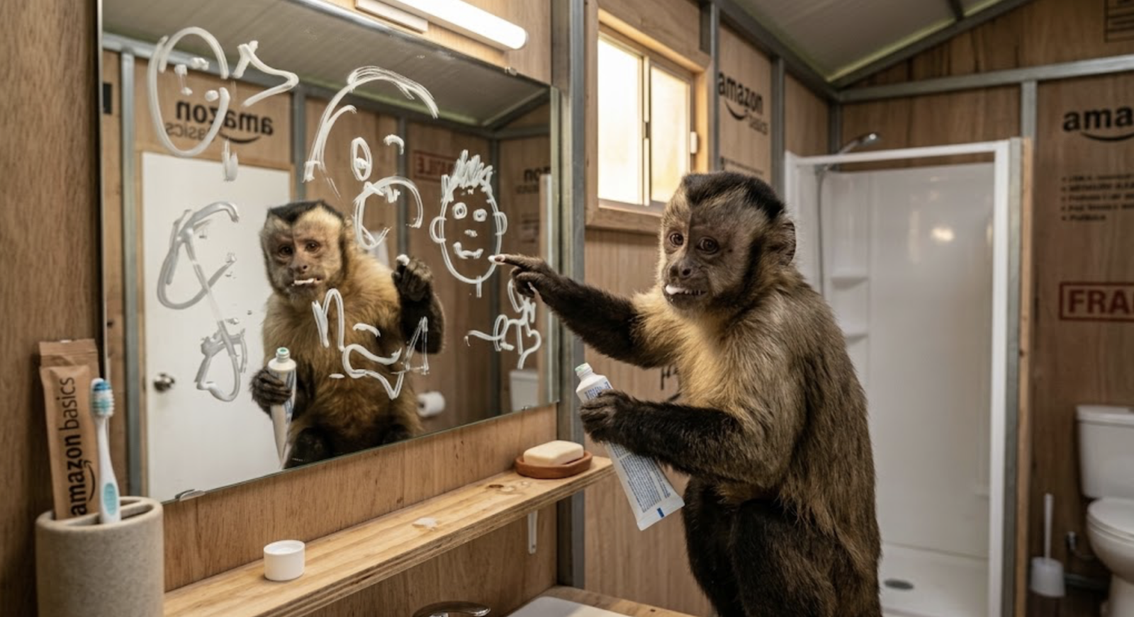 Chimpancé mirándose en espejo casa prefabricada Amazon