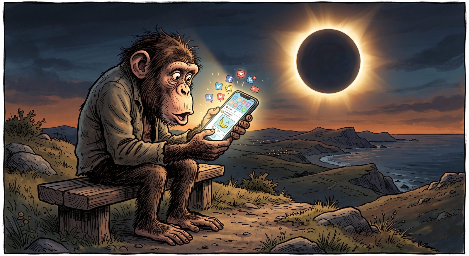 Ilustración satírica de un chimpancé mirando una pantalla brillante durante el eclipse solar total.