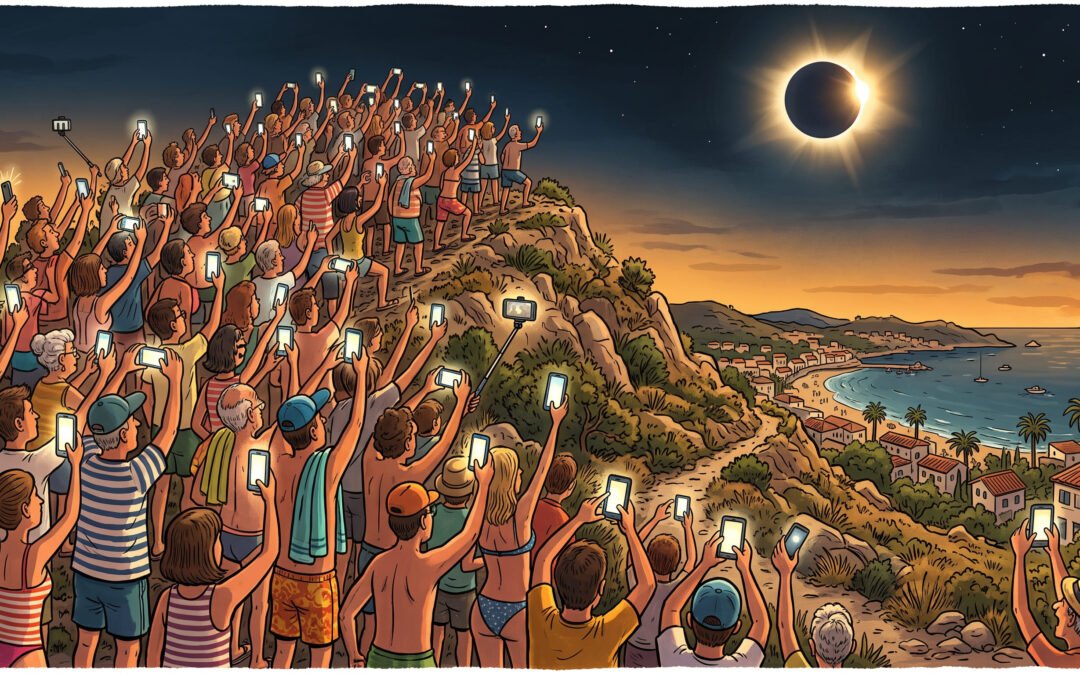 Multitud de personas levantando sus teléfonos móviles para grabar el eclipse solar total del 12 de agosto de 2026 en España.
