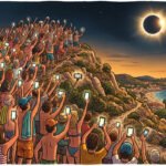 Multitud de personas levantando sus teléfonos móviles para grabar el eclipse solar total del 12 de agosto de 2026 en España.