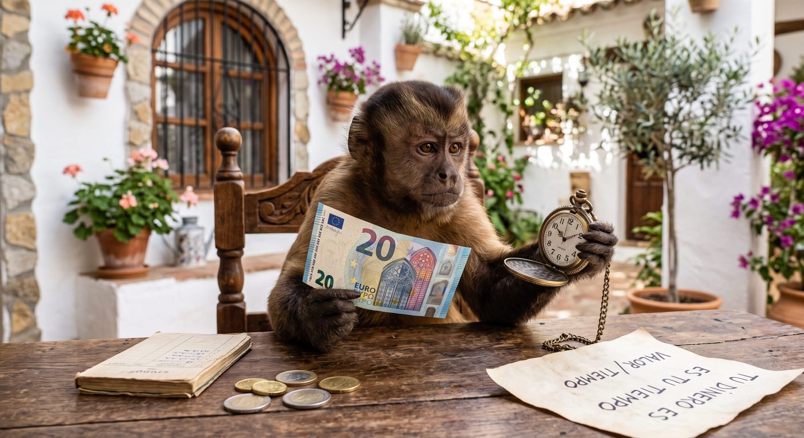 Mono sopesando billetes antes de decidir una compra
