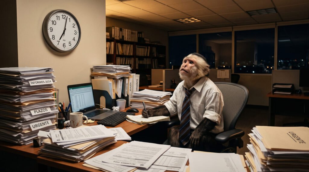 Mono en la oficina contando las horas trabajadas sin estar dado de alta