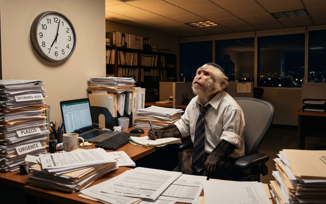 Mono en la oficina contando las horas