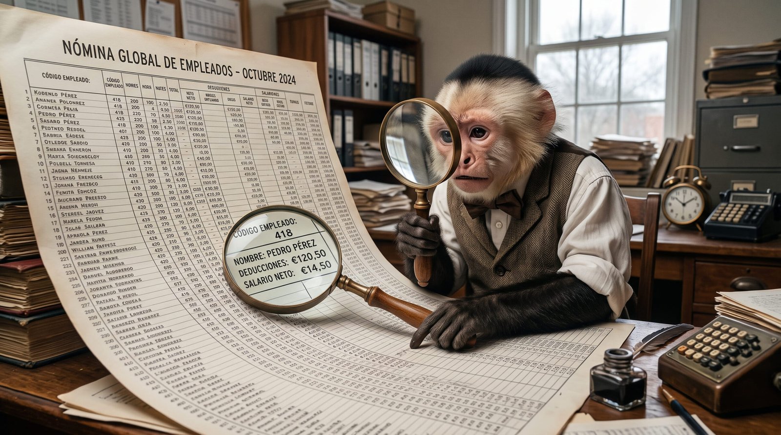 Mono revisando una nómina con lupa
