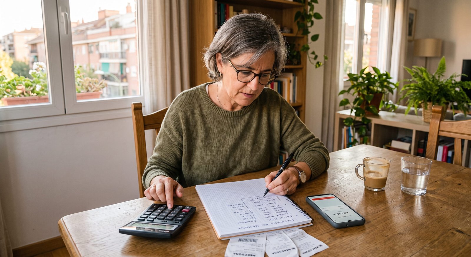 Mujer aplicando Black Friday presupuesto consejos con calculadora