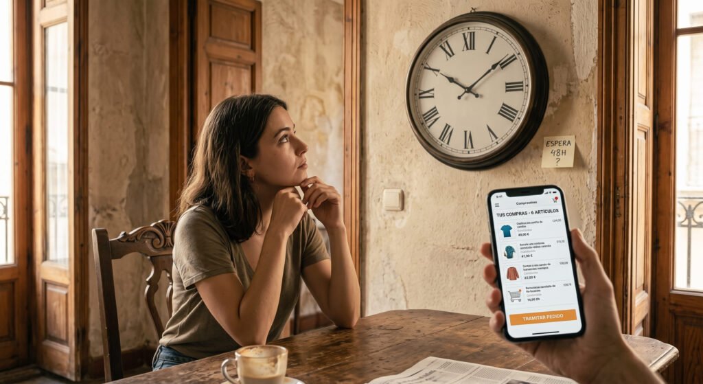 Mujer mirando el reloj mientras pasan los días de baja
