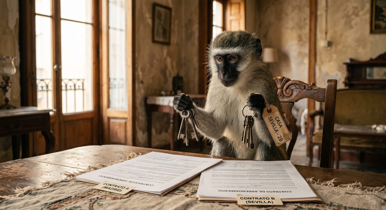 Mono comparando dos juegos de llaves de alquiler de temporada y contrato indefinido