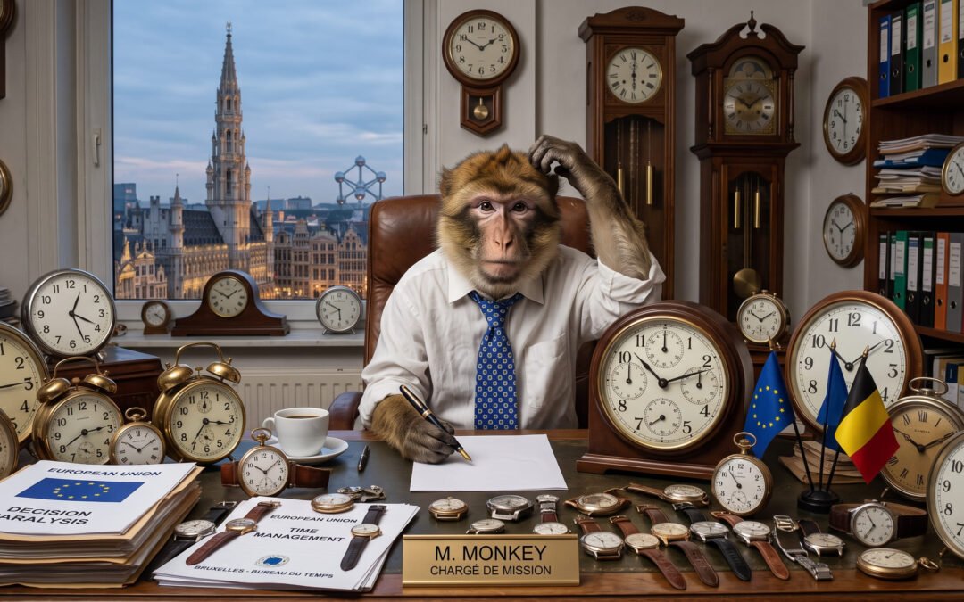 Mono con corbata en una mesa de Bruselas llena de relojes