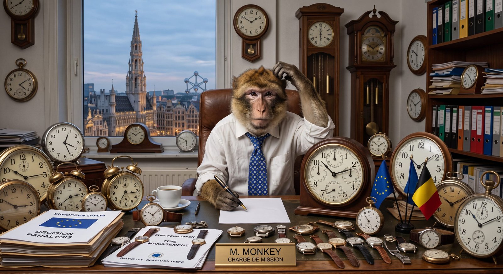 Mono con corbata en una mesa de Bruselas llena de relojes
