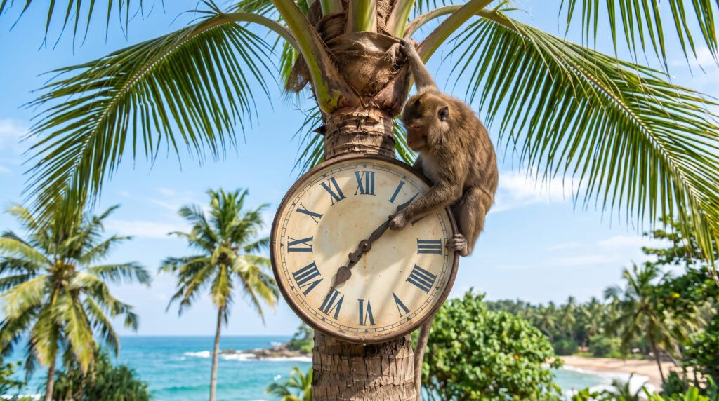Mono subido a una palmera disfrutando de las vacaciones