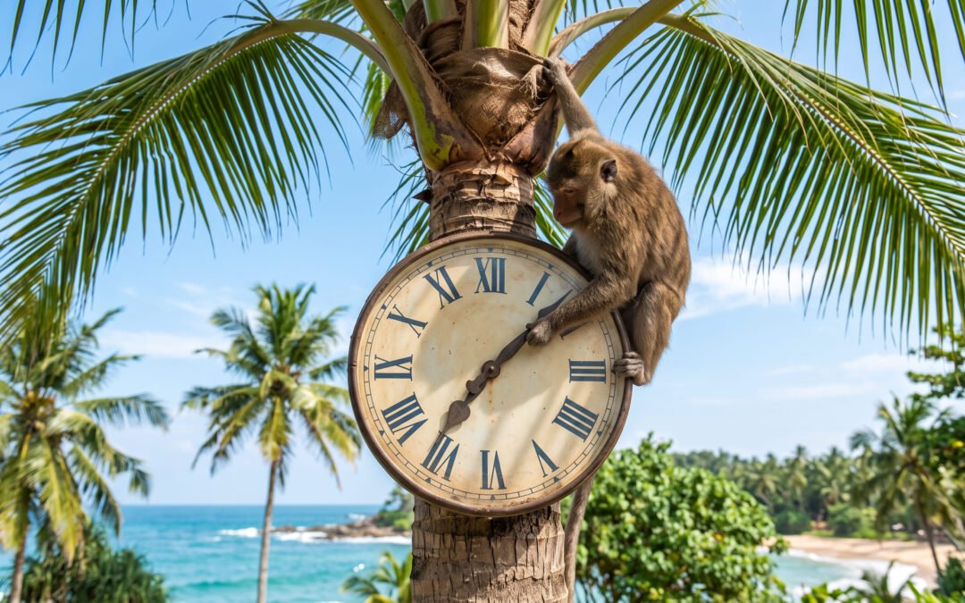 Mono subido a una palmera girando las manecillas de un reloj gigante