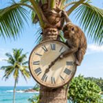 Mono subido a una palmera girando las manecillas de un reloj gigante