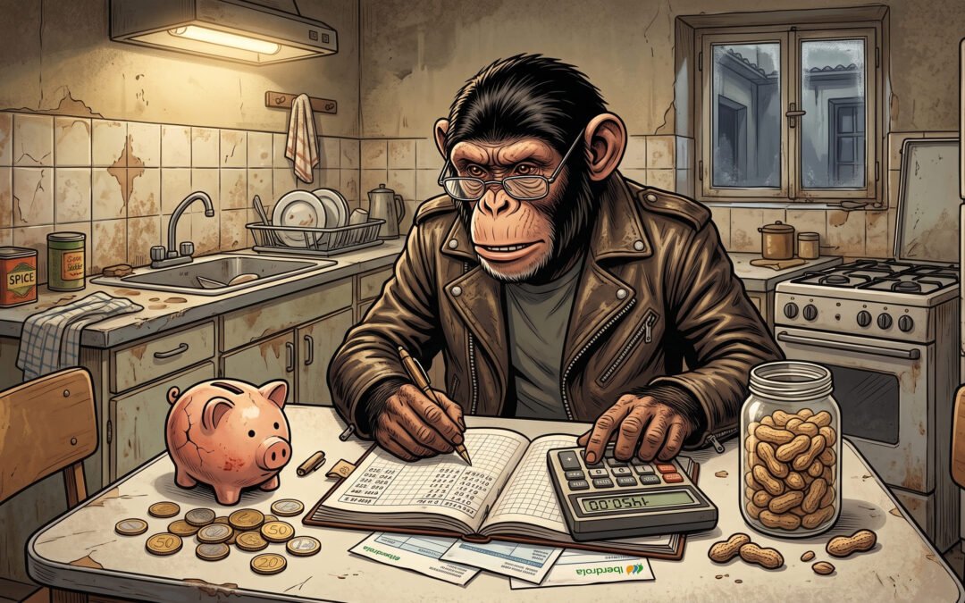 Monancio haciendo cuentas con una calculadora, una hucha y un tarro de cacahuetes