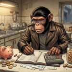 Monancio haciendo cuentas con una calculadora, una hucha y un tarro de cacahuetes
