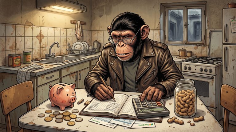 Monancio haciendo cuentas con una calculadora, una hucha y un tarro de cacahuetes
