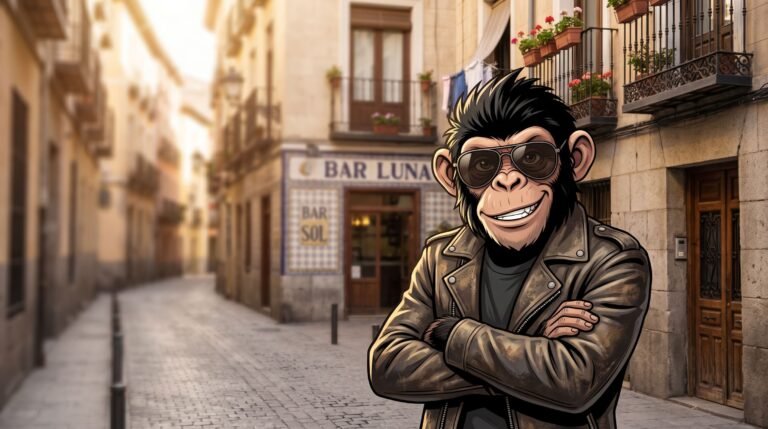 Monancio, la mascota de Euros por Cacahuetes, posando en una calle de barrio