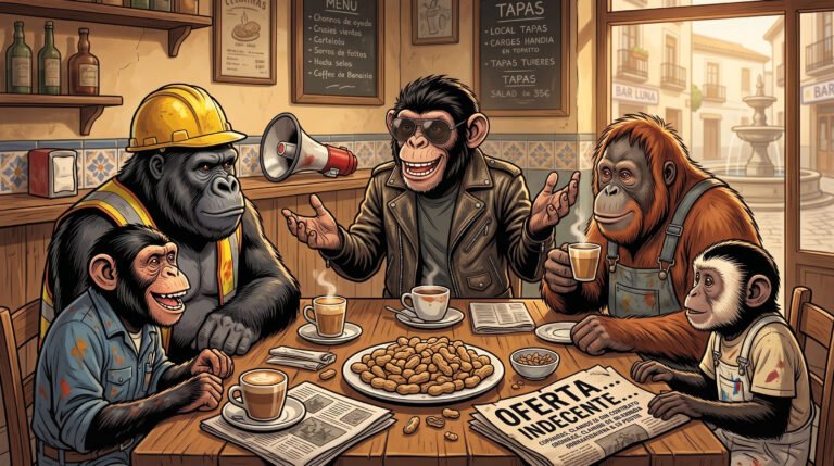 Monancio en un bar charlando con otros monos trabajadores